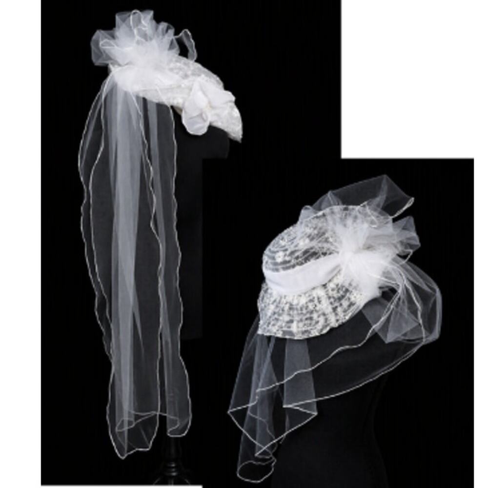 Vintage Bridal Hat Veil Wide Brimmed Soft White Wedding Crochet Flowers Pearls